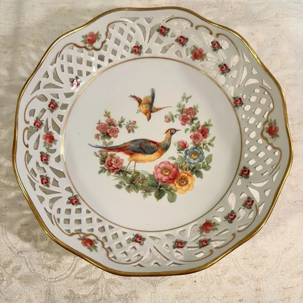 Antique Schumann Arzberg Reticulated German Plate Birds Of Paradise & Florals